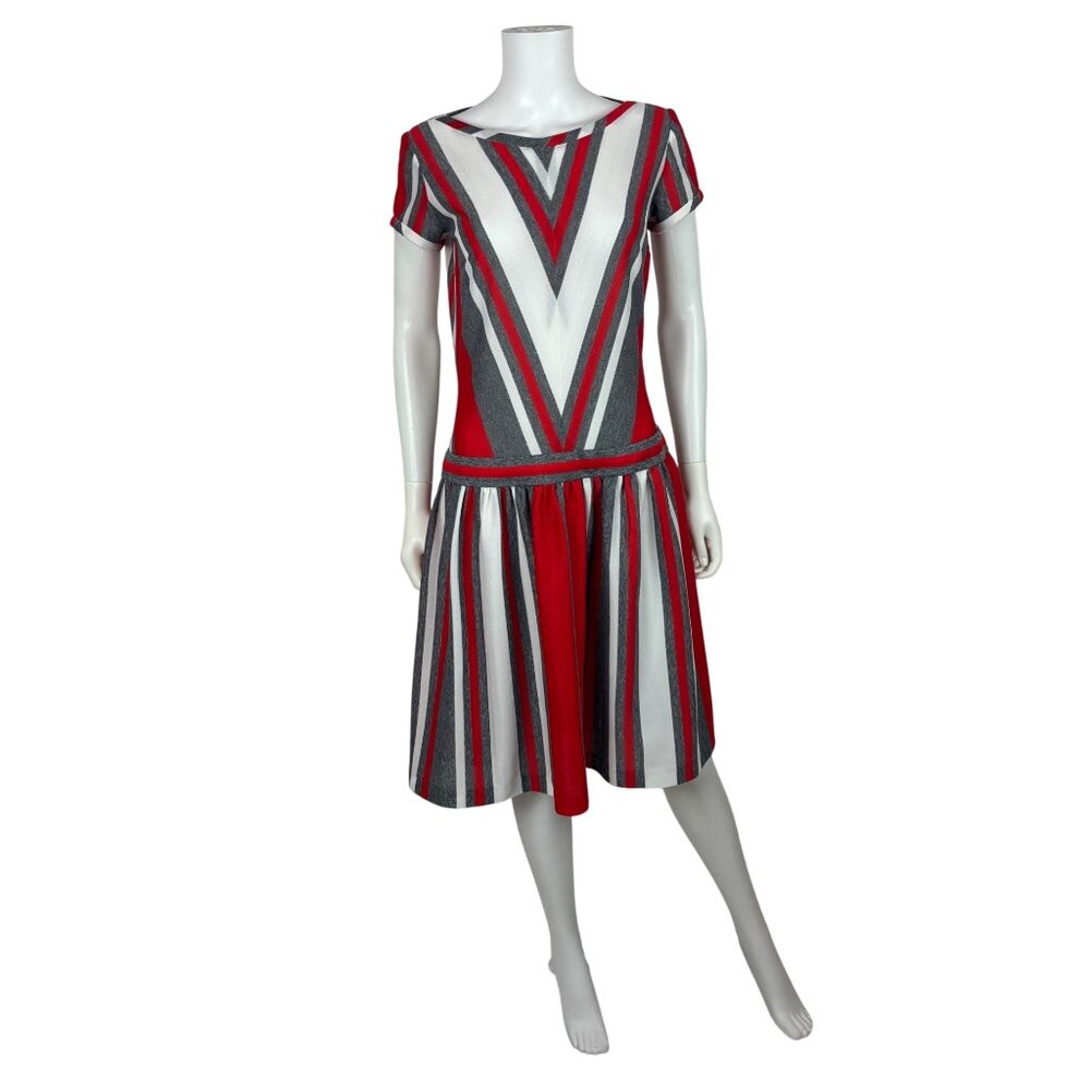 Vintage 70s Chevron Dress Womens Small Red Gray Striped Dropwaist Sheath